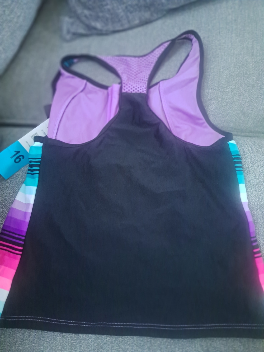 Black Racerback Tank with Purple and Multicolor Side Panels
